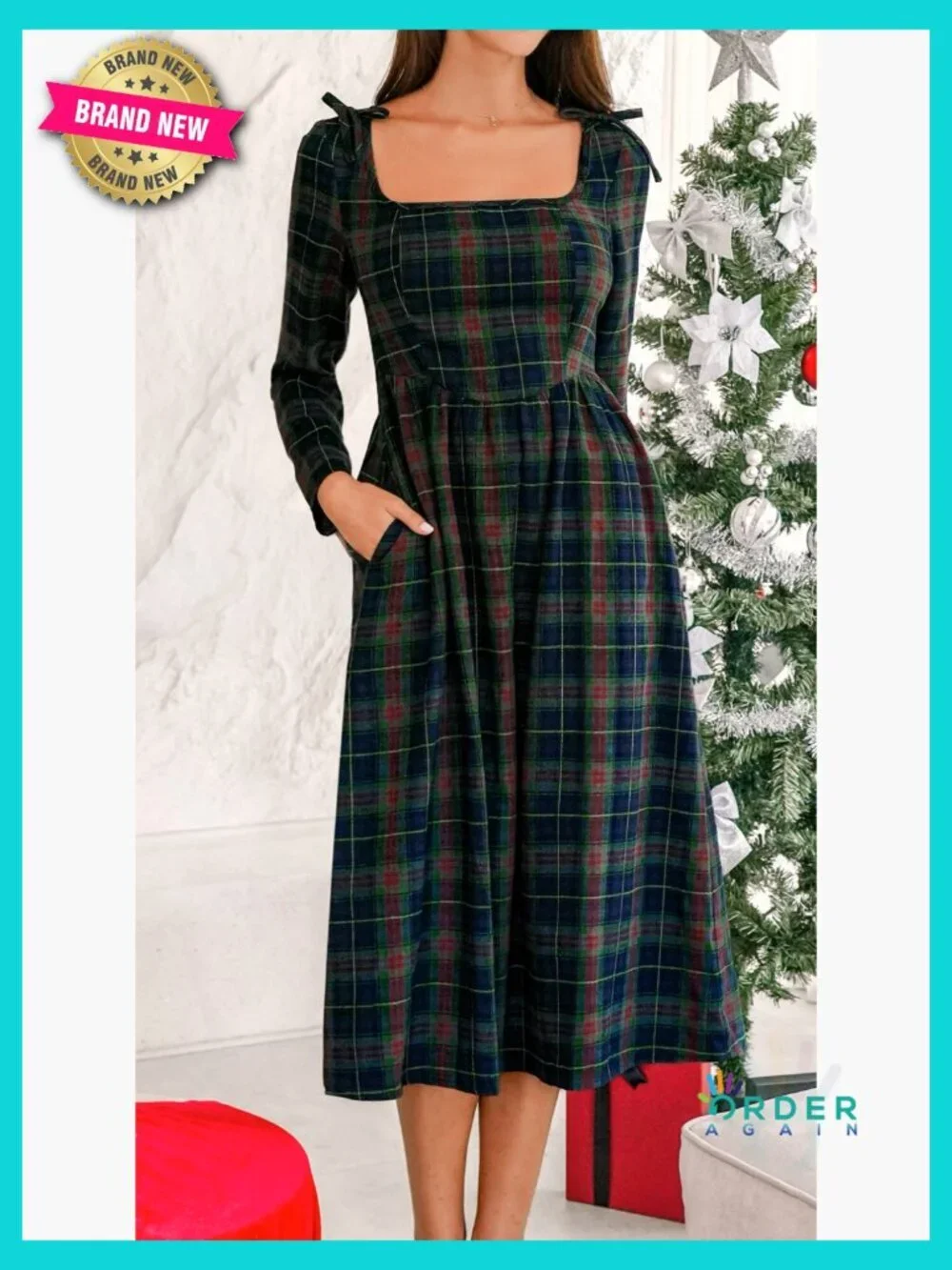 Square Neck Midi Dress Long Sleeve Smocked Waist Bow Knots Plaid Pattern Fall